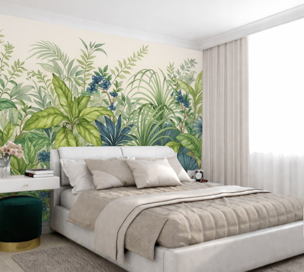 Fototapeta Zestawienie różnych tropikalnych roślin o dużych zielonych liściach, tworzących bujny obraz z liści na jasnobeżowym tle.