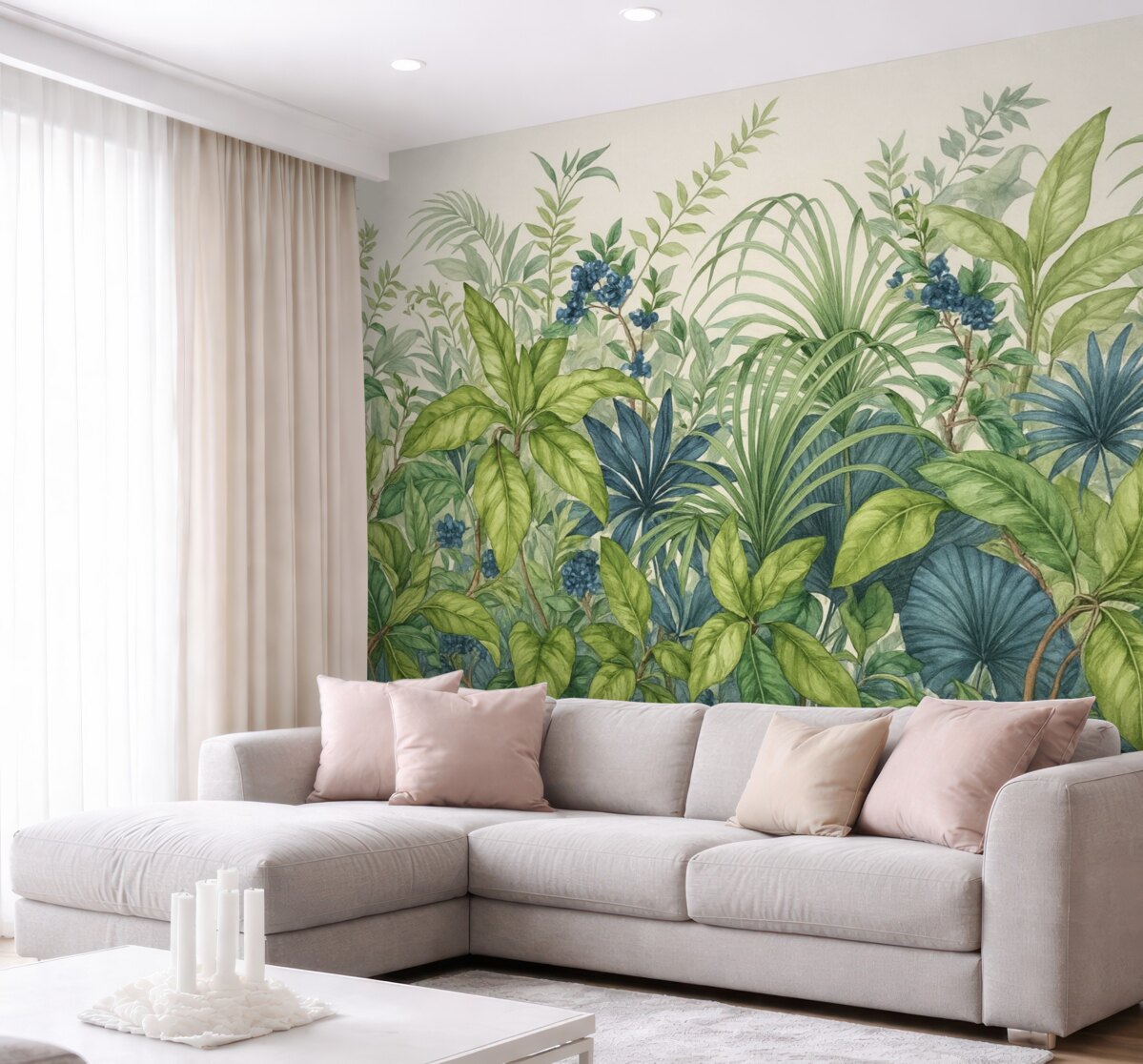 Fototapeta Zestawienie różnych tropikalnych roślin o dużych zielonych liściach, tworzących bujny obraz z liści na jasnobeżowym tle.