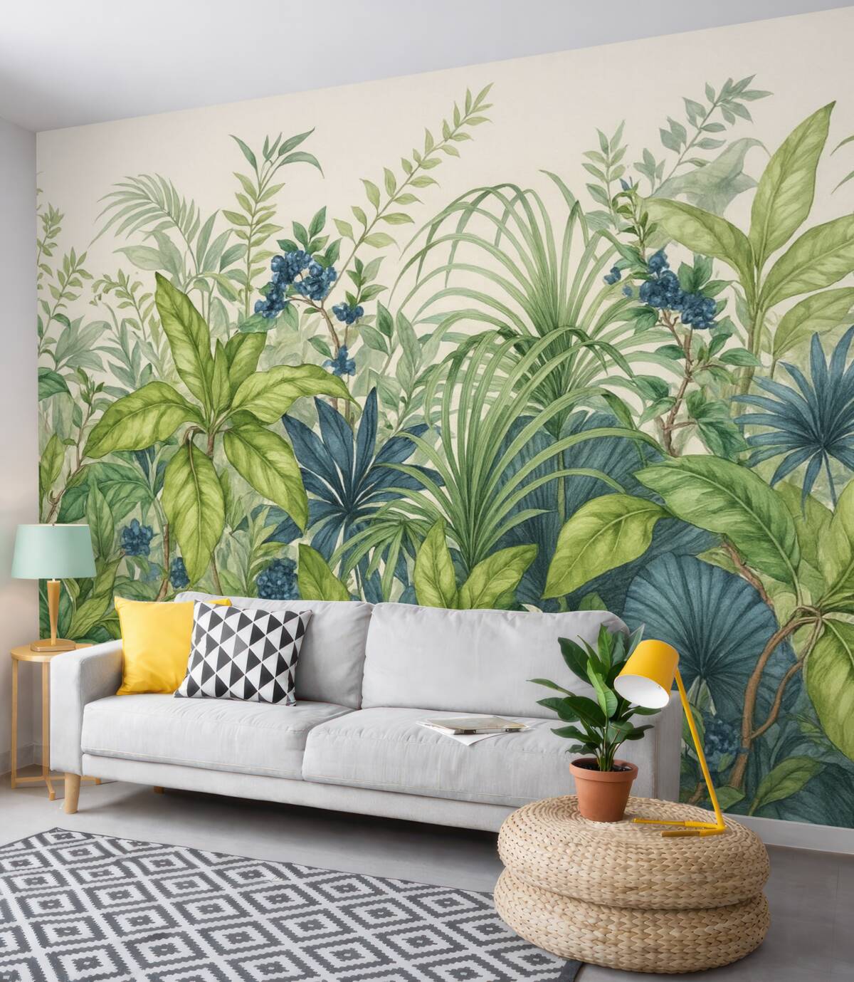 Fototapeta Zestawienie różnych tropikalnych roślin o dużych zielonych liściach, tworzących bujny obraz z liści na jasnobeżowym tle.