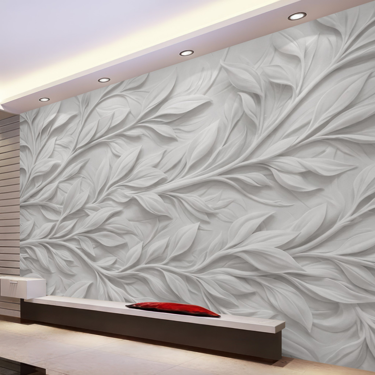 Fototapeta Biały teksturowany wzór z liśćmi i gałązkami, tworzący wrażenie głębi na teksturowanym tle.