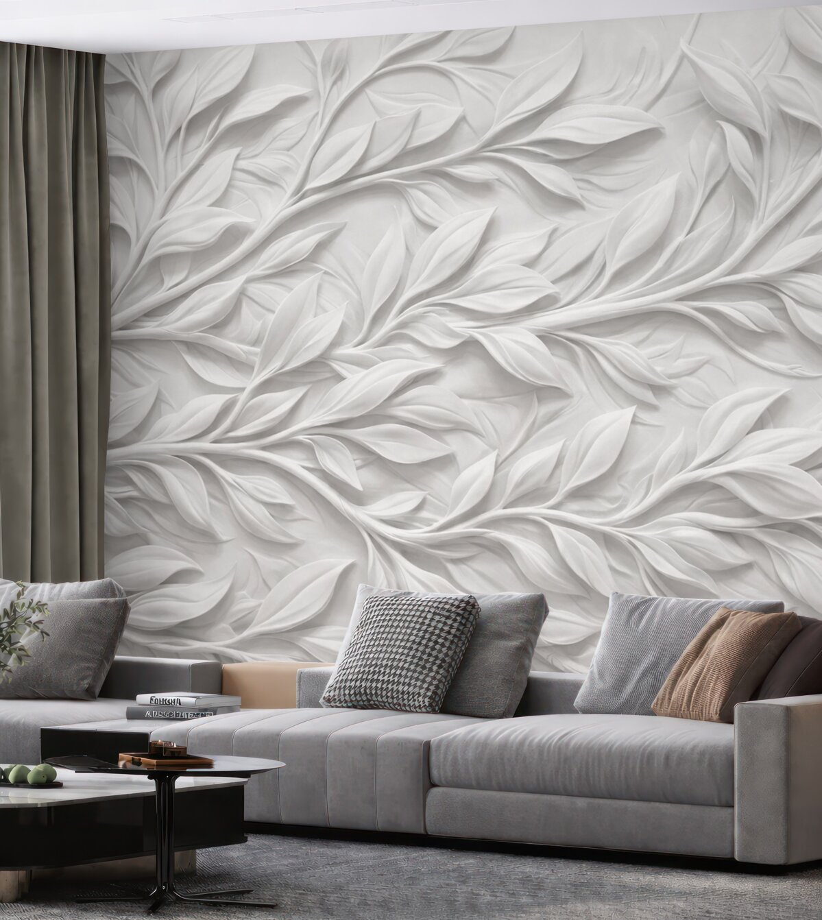 Fototapeta Biały teksturowany wzór z liśćmi i gałązkami, tworzący wrażenie głębi na teksturowanym tle.