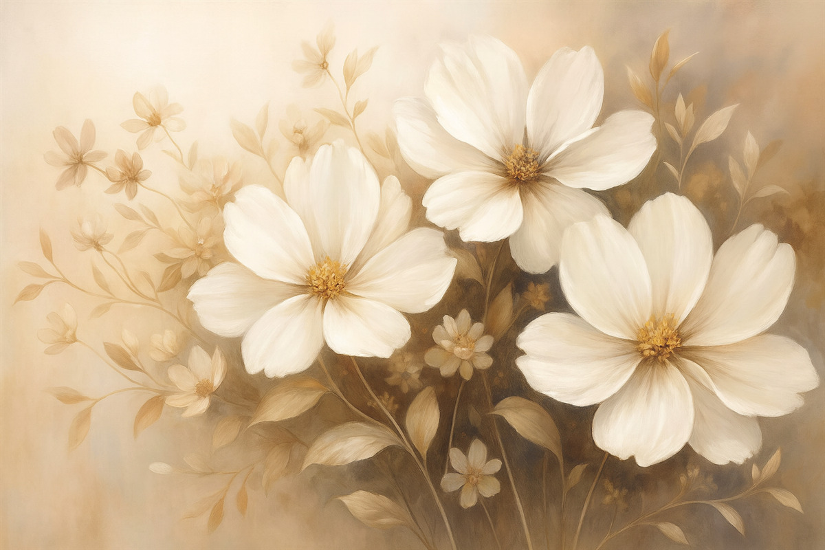 Fototapeta Pomalowane na biało rośliny z delikatnymi płatkami i subtelnymi liśćmi na jasnobeżowym oraz kremowym tle.