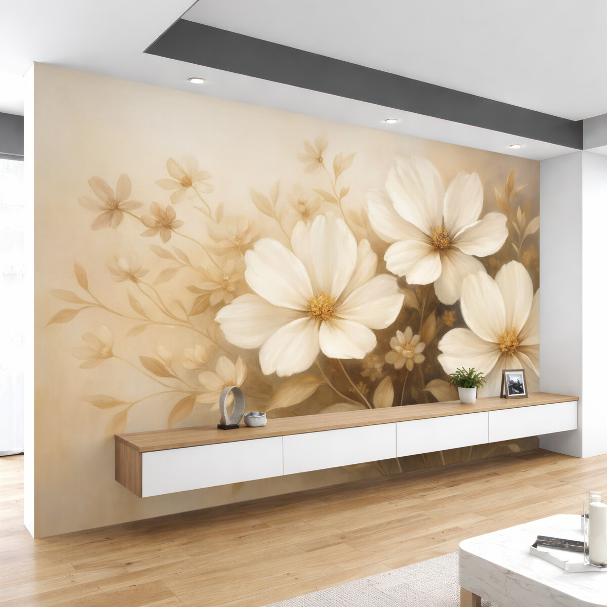 Fototapeta Pomalowane na biało rośliny z delikatnymi płatkami i subtelnymi liśćmi na jasnobeżowym oraz kremowym tle.