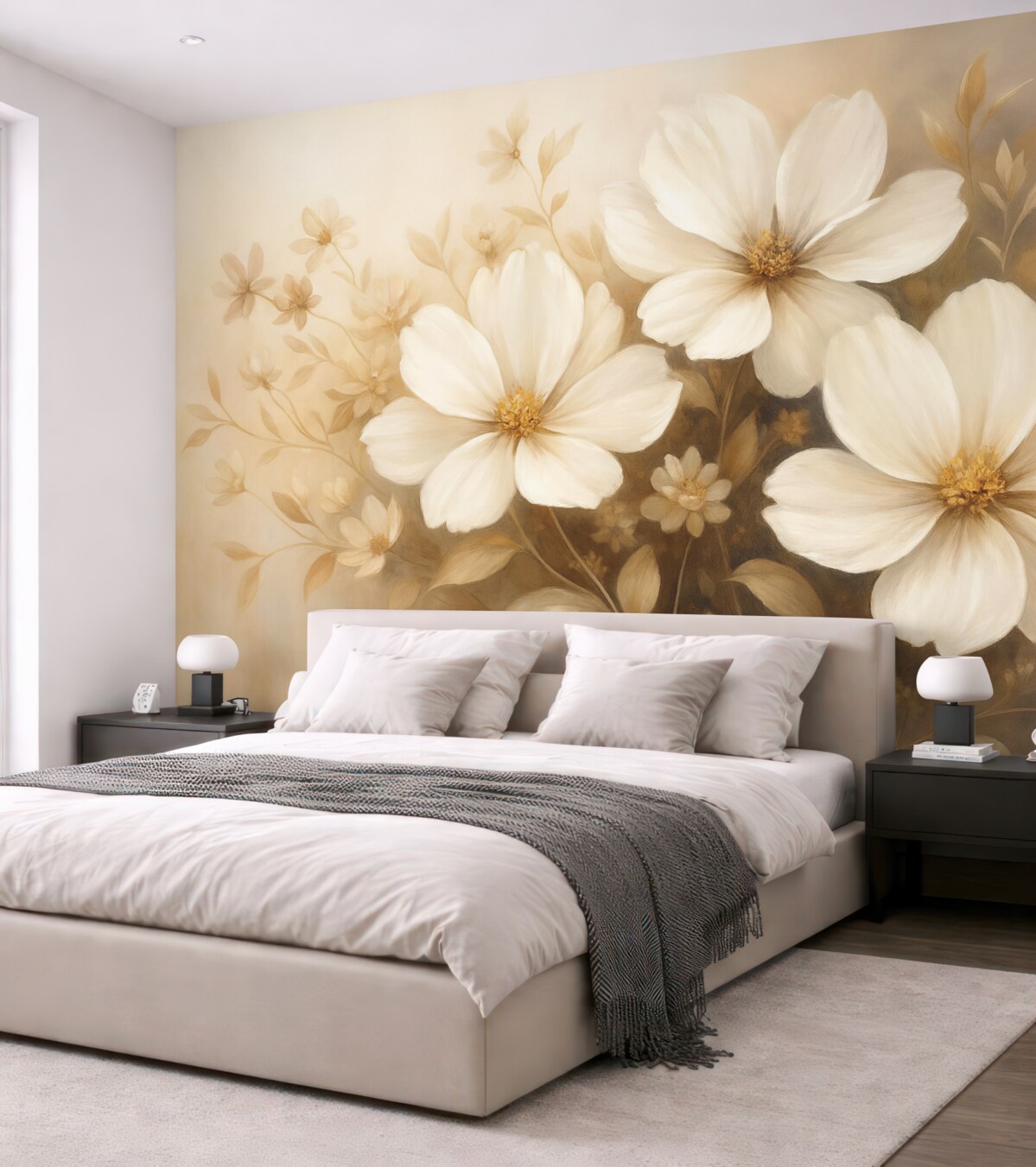 Fototapeta Pomalowane na biało rośliny z delikatnymi płatkami i subtelnymi liśćmi na jasnobeżowym oraz kremowym tle.