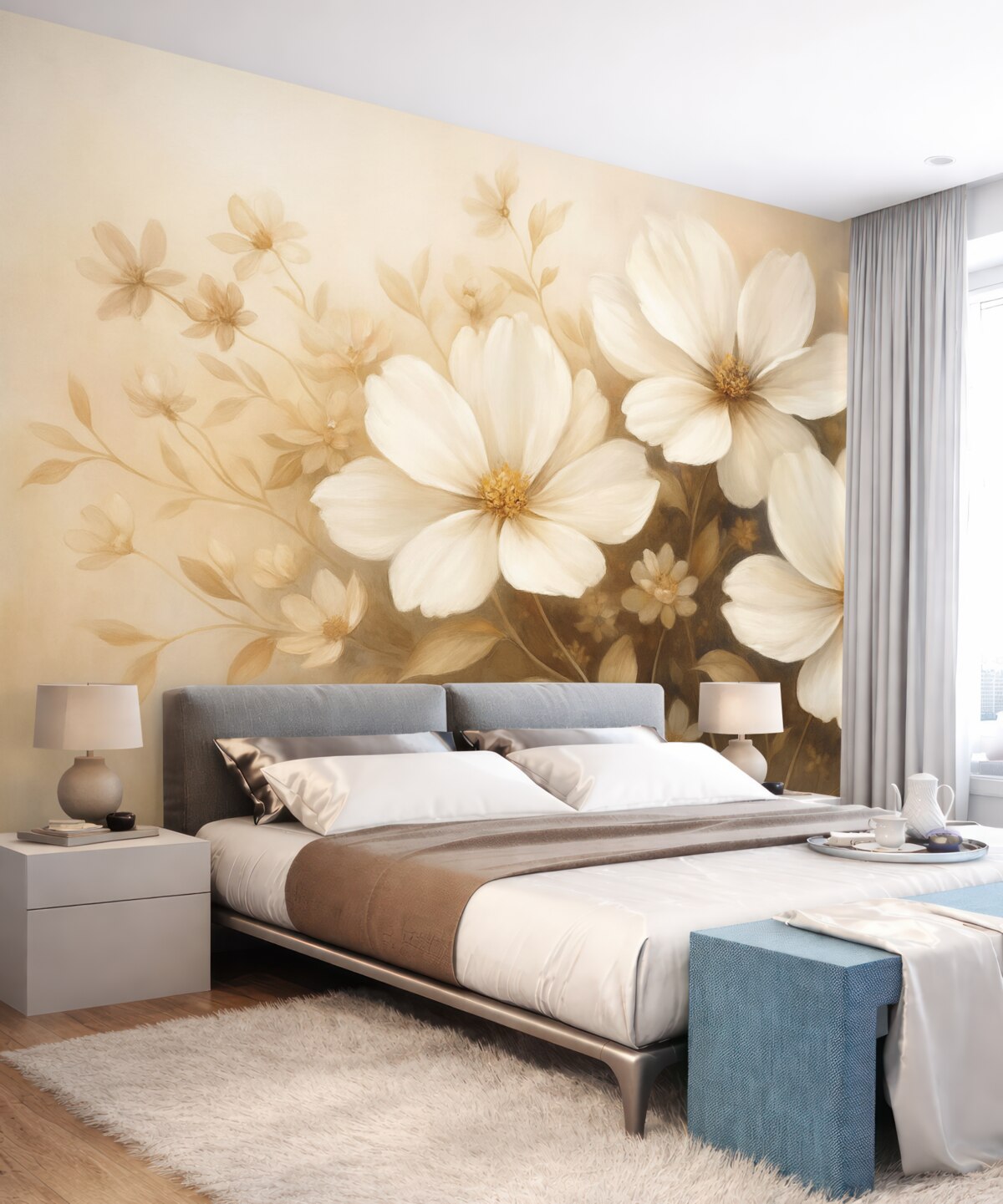 Fototapeta Pomalowane na biało rośliny z delikatnymi płatkami i subtelnymi liśćmi na jasnobeżowym oraz kremowym tle.