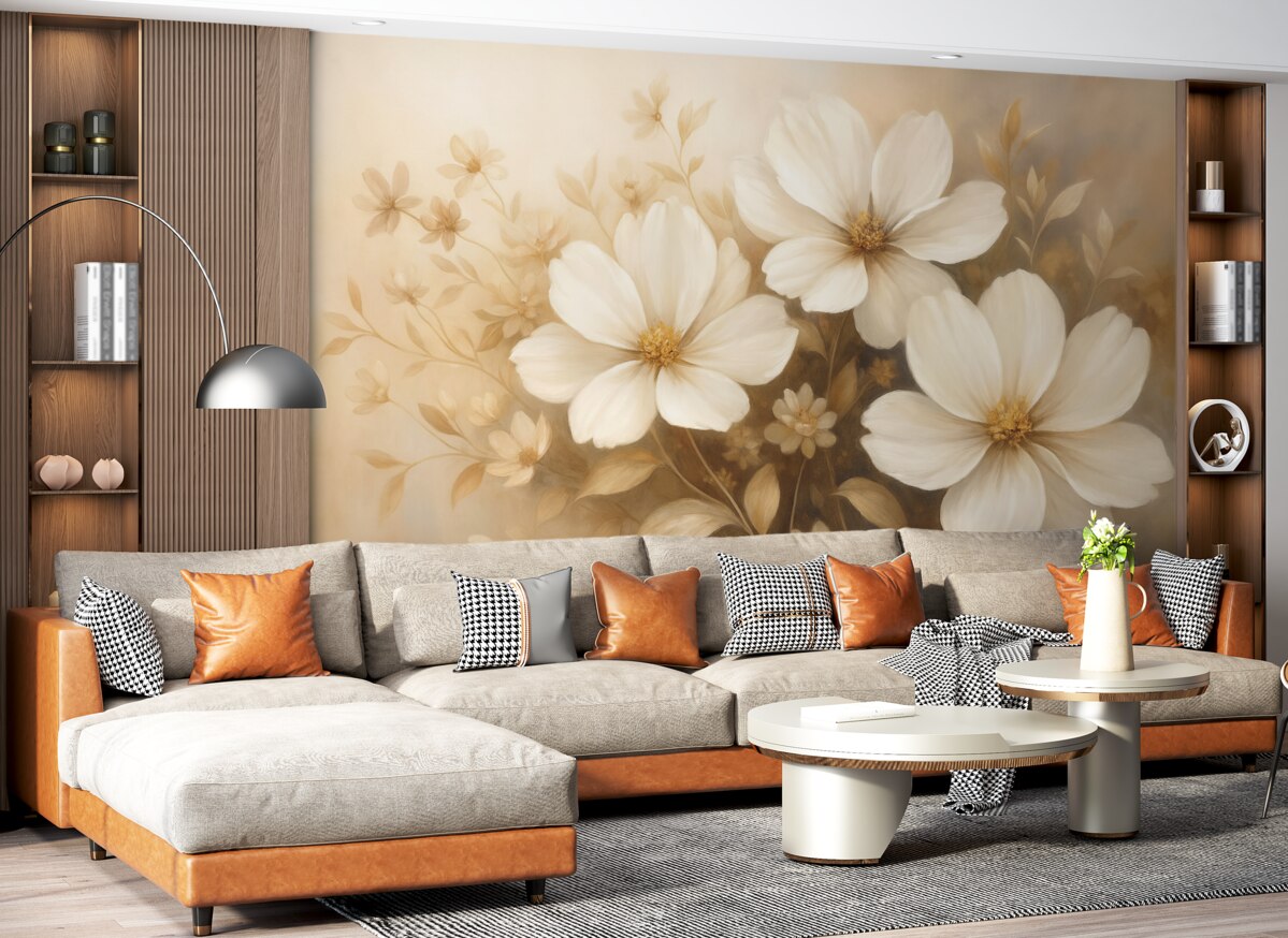 Fototapeta Pomalowane na biało rośliny z delikatnymi płatkami i subtelnymi liśćmi na jasnobeżowym oraz kremowym tle.