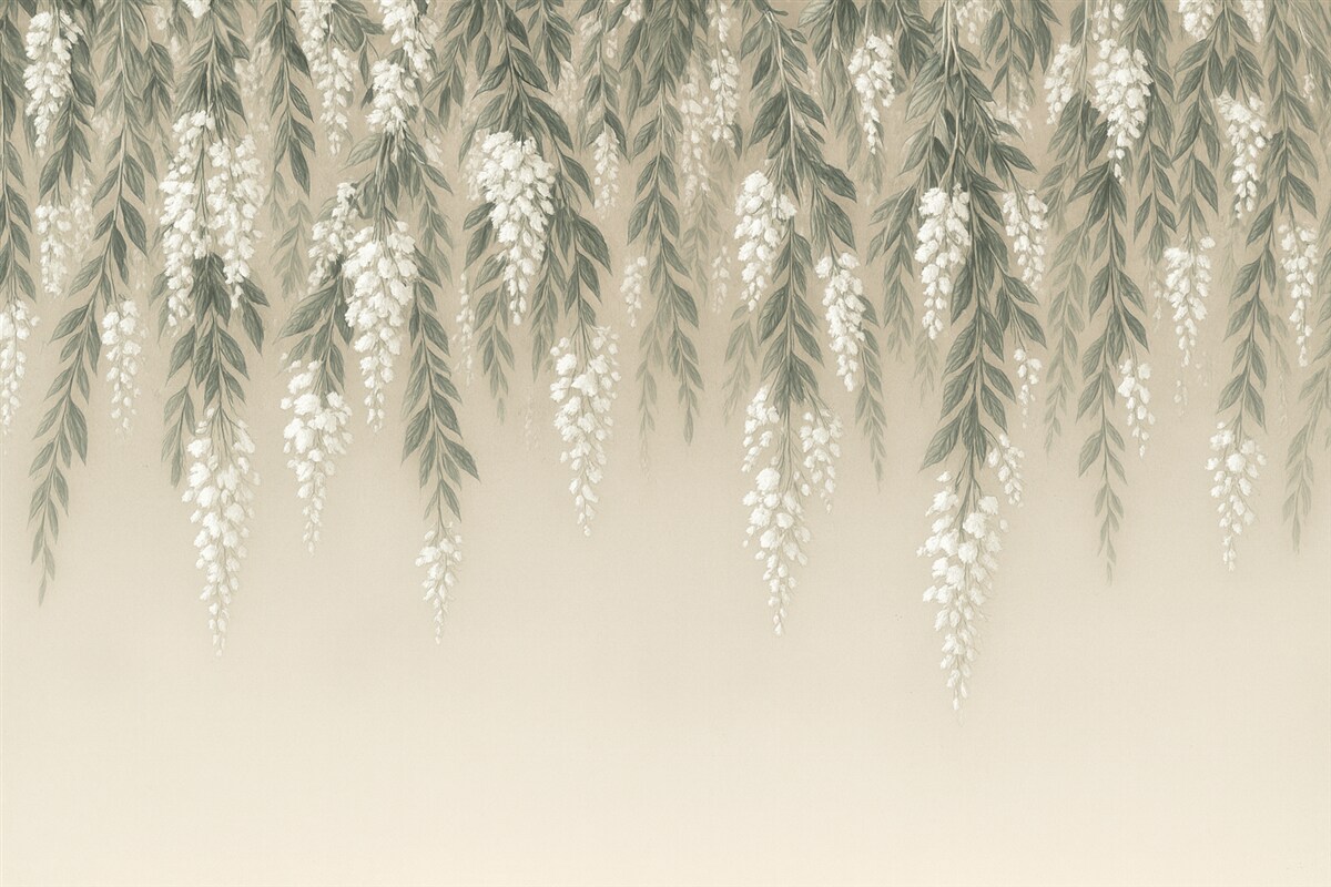Fototapeta Kaskadowe gałęzie w odcieniach delikatnej zieleni z białymi kwiatami i liśćmi na jasnobeżowym tle.