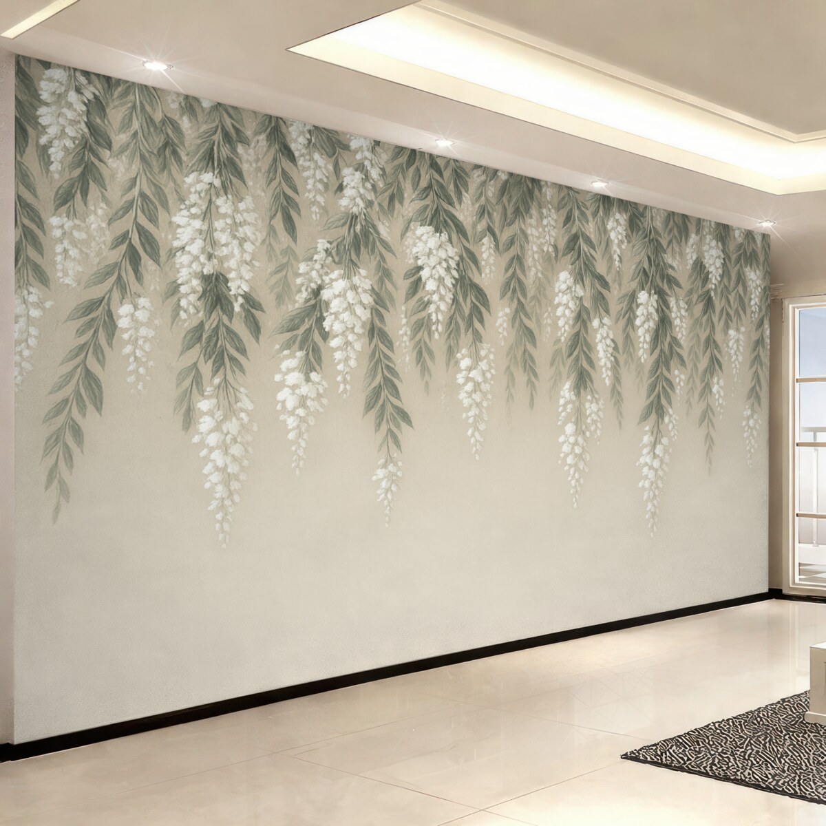 Fototapeta Kaskadowe gałęzie w odcieniach delikatnej zieleni z białymi kwiatami i liśćmi na jasnobeżowym tle.