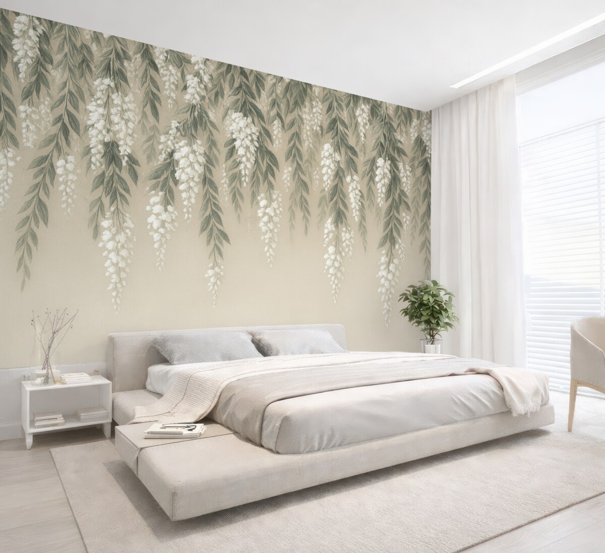 Fototapeta Kaskadowe gałęzie w odcieniach delikatnej zieleni z białymi kwiatami i liśćmi na jasnobeżowym tle.