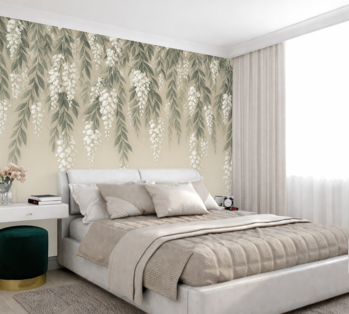 Fototapeta Kaskadowe gałęzie w odcieniach delikatnej zieleni z białymi kwiatami i liśćmi na jasnobeżowym tle.