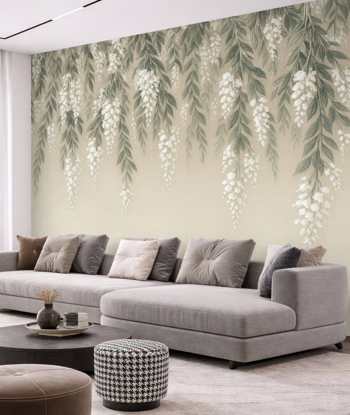 Fototapeta Kaskadowe gałęzie w odcieniach delikatnej zieleni z białymi kwiatami i liśćmi na jasnobeżowym tle.