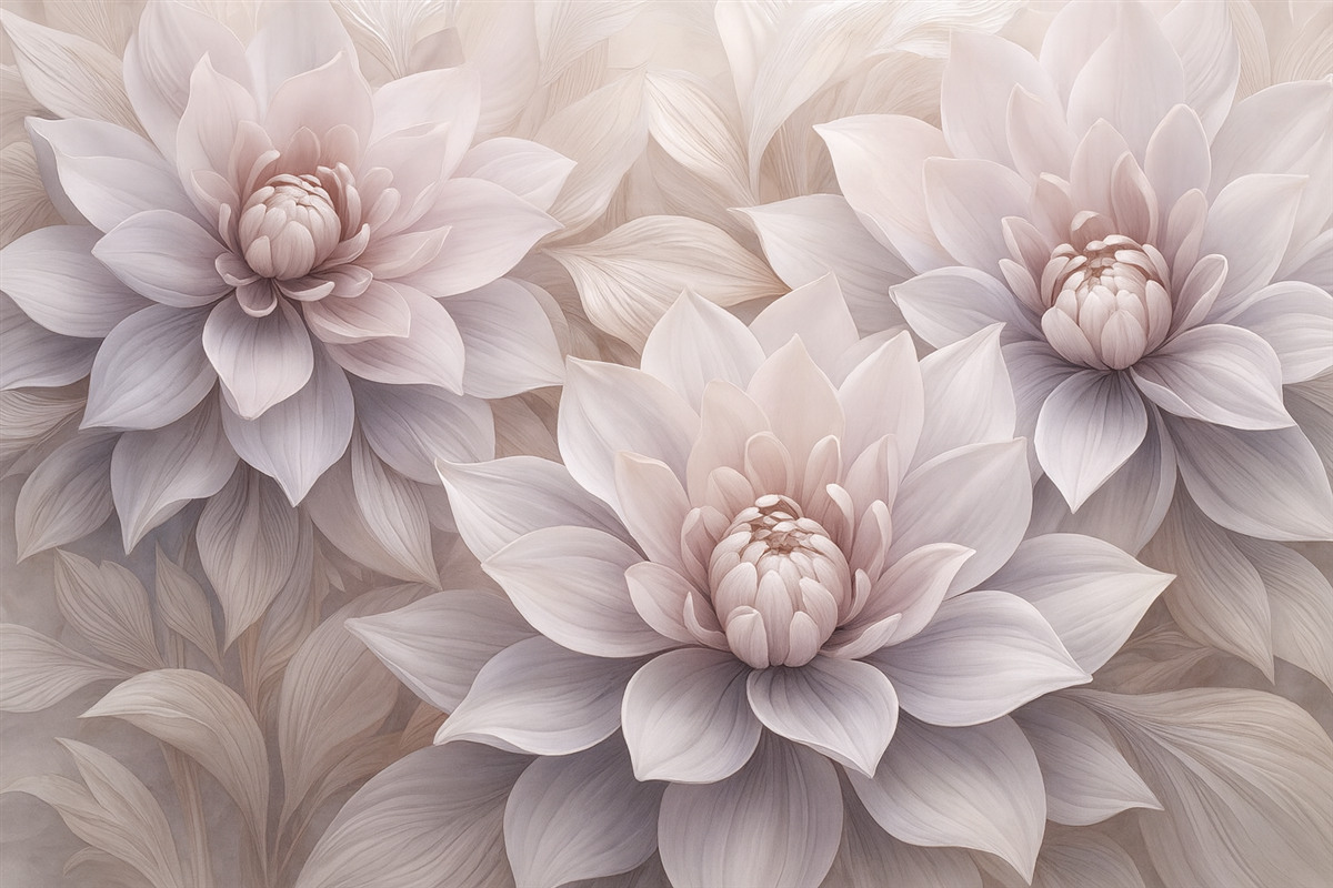 Fototapeta Miękkie, wielowarstwowe kwiaty w tonacjach jasnego różu, lawendy i bieli z subtelnymi płatkami oraz wyszukanymi detalami.