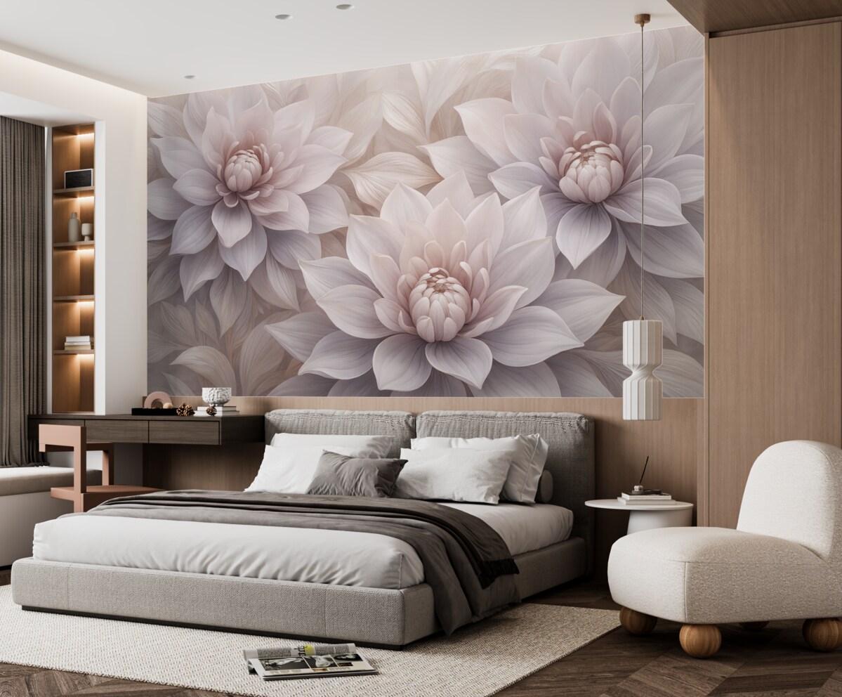 Fototapeta Miękkie, wielowarstwowe kwiaty w tonacjach jasnego różu, lawendy i bieli z subtelnymi płatkami oraz wyszukanymi detalami.