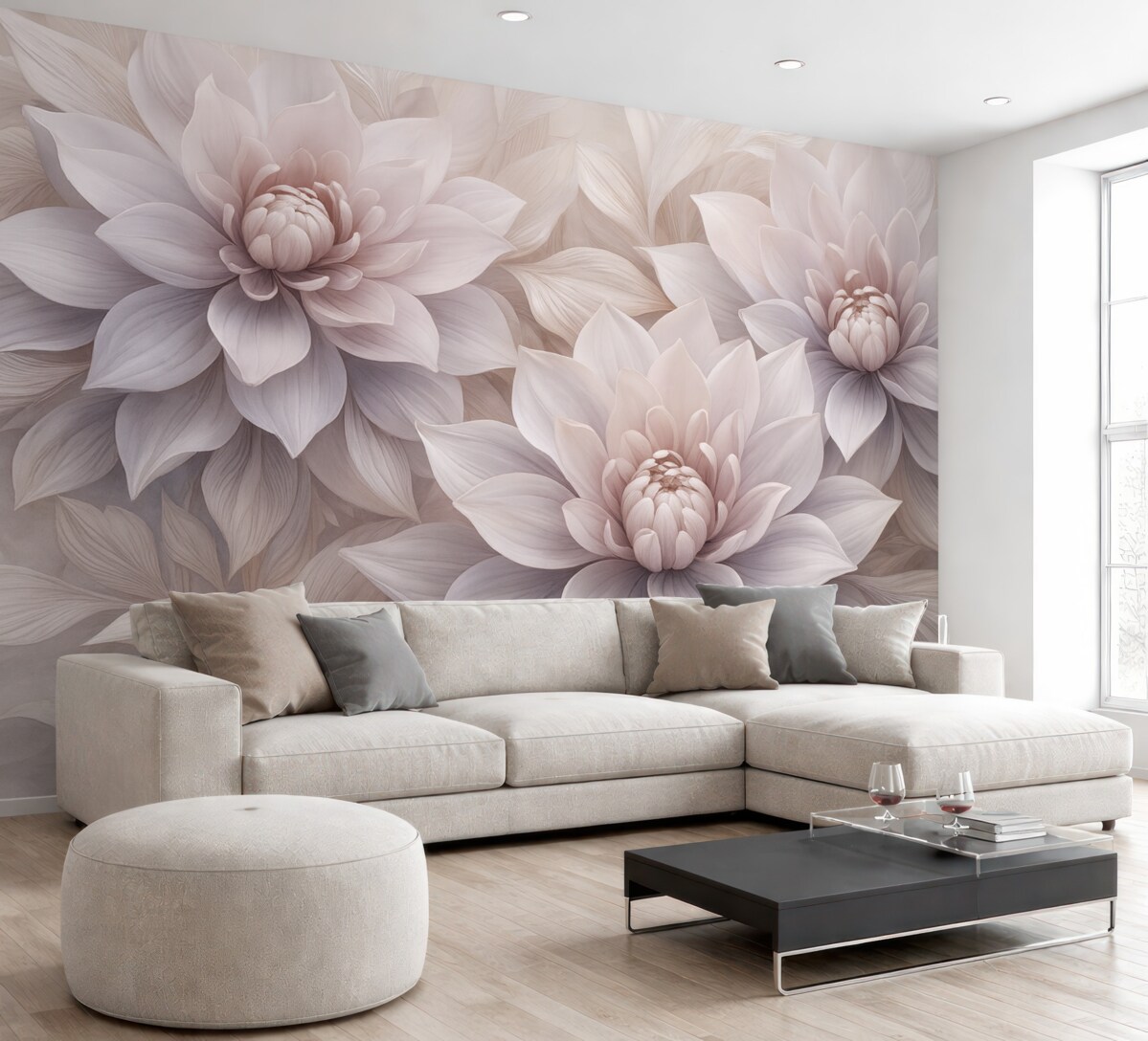 Fototapeta Miękkie, wielowarstwowe kwiaty w tonacjach jasnego różu, lawendy i bieli z subtelnymi płatkami oraz wyszukanymi detalami.