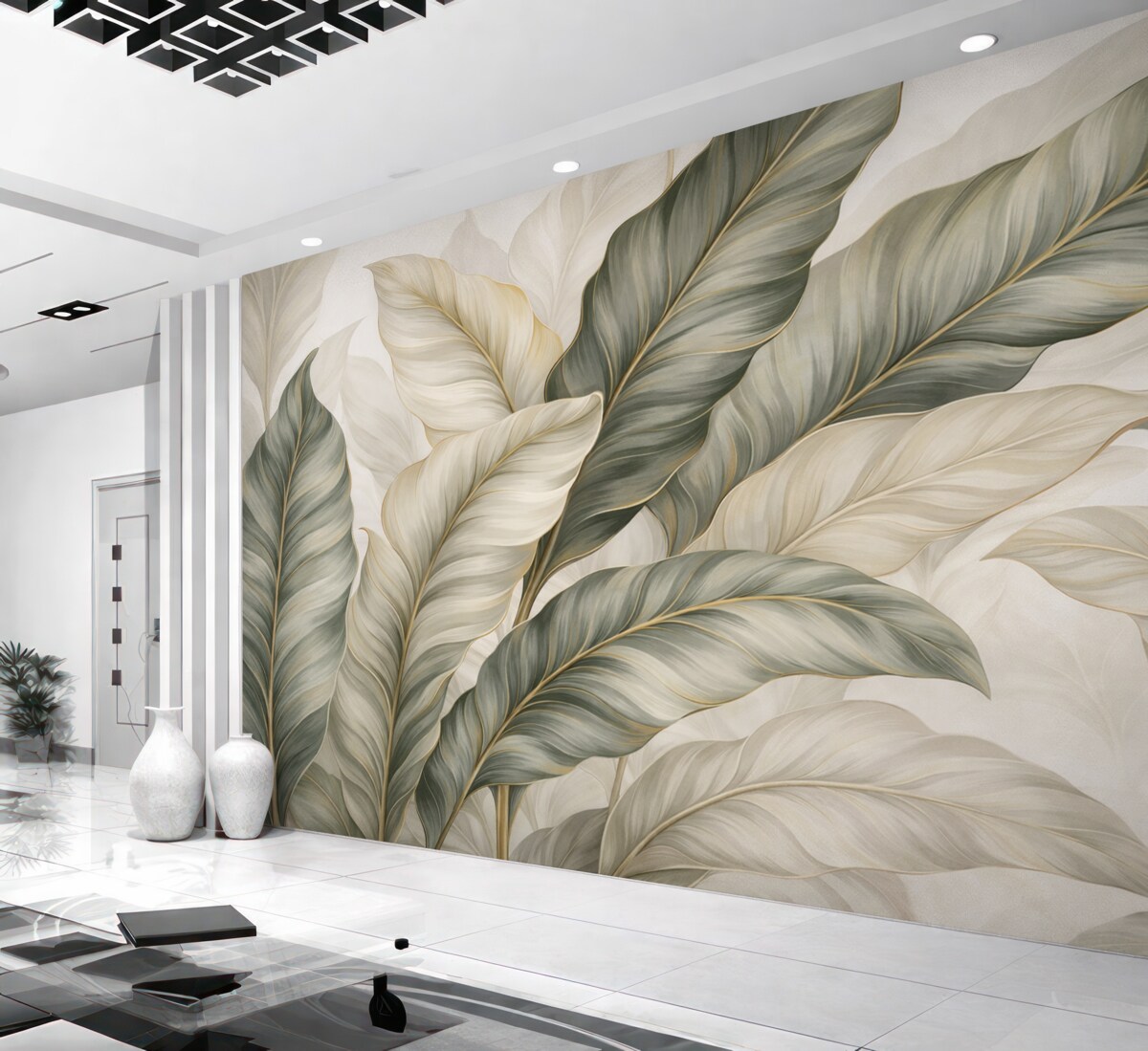 Fototapeta Wielkie, stylizowane, teksturowe liście z dokładnymi żyłkami w różnych tonacjach zieleni, kremu i beżu.