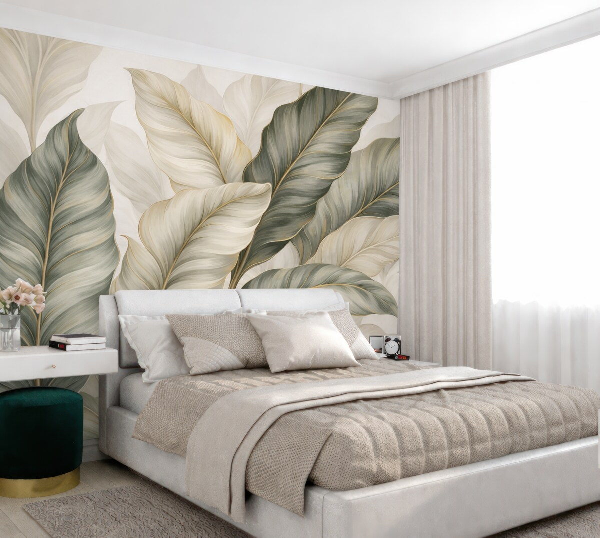 Fototapeta Wielkie, stylizowane, teksturowe liście z dokładnymi żyłkami w różnych tonacjach zieleni, kremu i beżu.