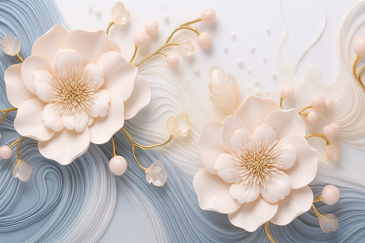 Fototapeta Tło w trójwymiarze z różowymi kwiatami i perełkami na tle niebieskich oraz białych fal.