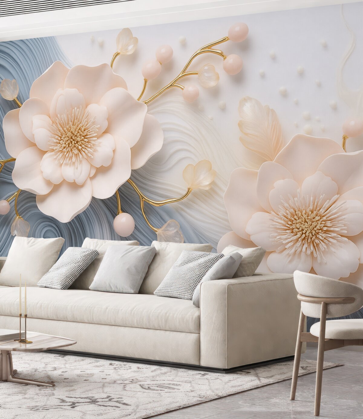 Fototapeta Tło w trójwymiarze z różowymi kwiatami i perełkami na tle niebieskich oraz białych fal.