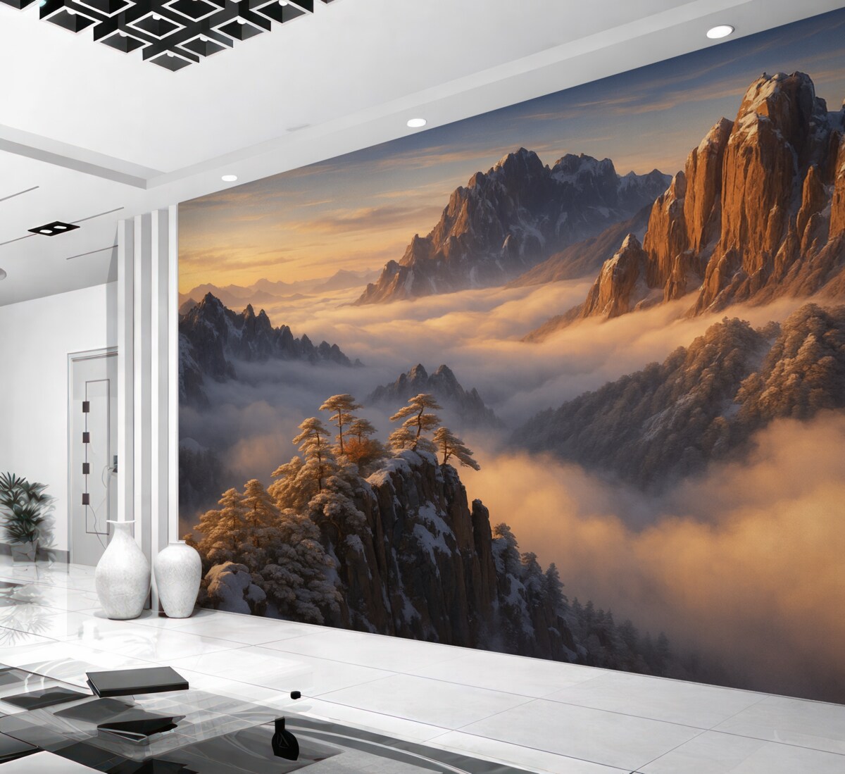 Fototapeta Cudowny górski pejzaż z mgłą oraz drzewami.