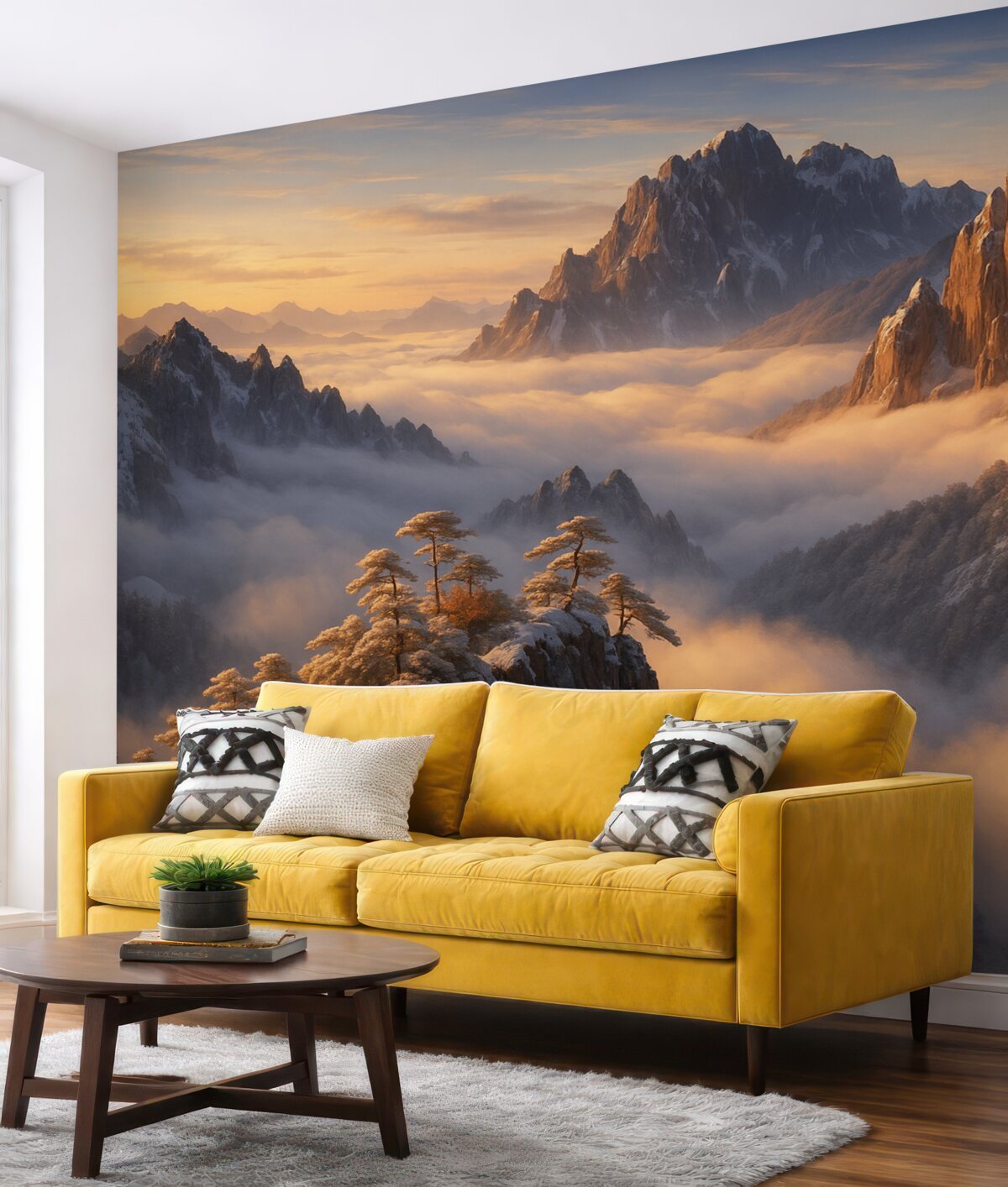 Fototapeta Cudowny górski pejzaż z mgłą oraz drzewami.