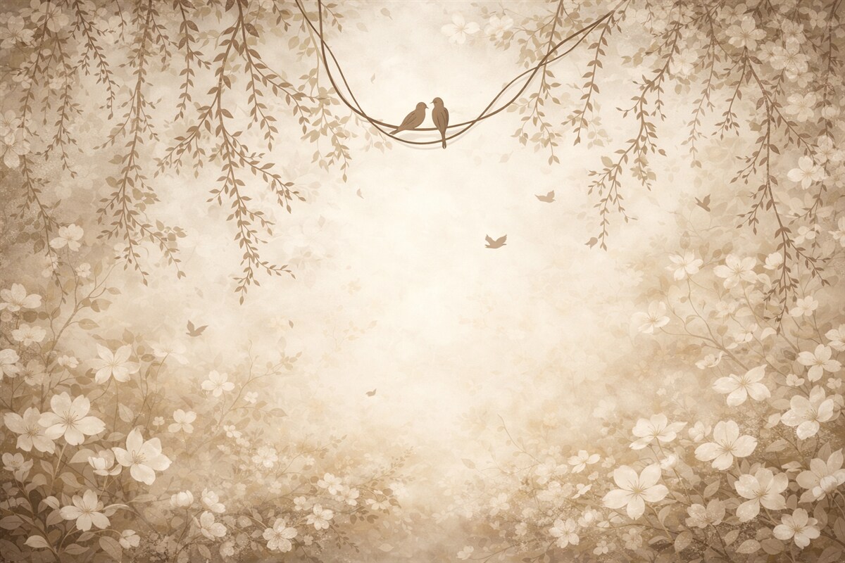 Fototapeta Ptaki z zwisającymi roślinami oraz kwiatowym motywem w jasno beżowo-kremowych tonacjach.