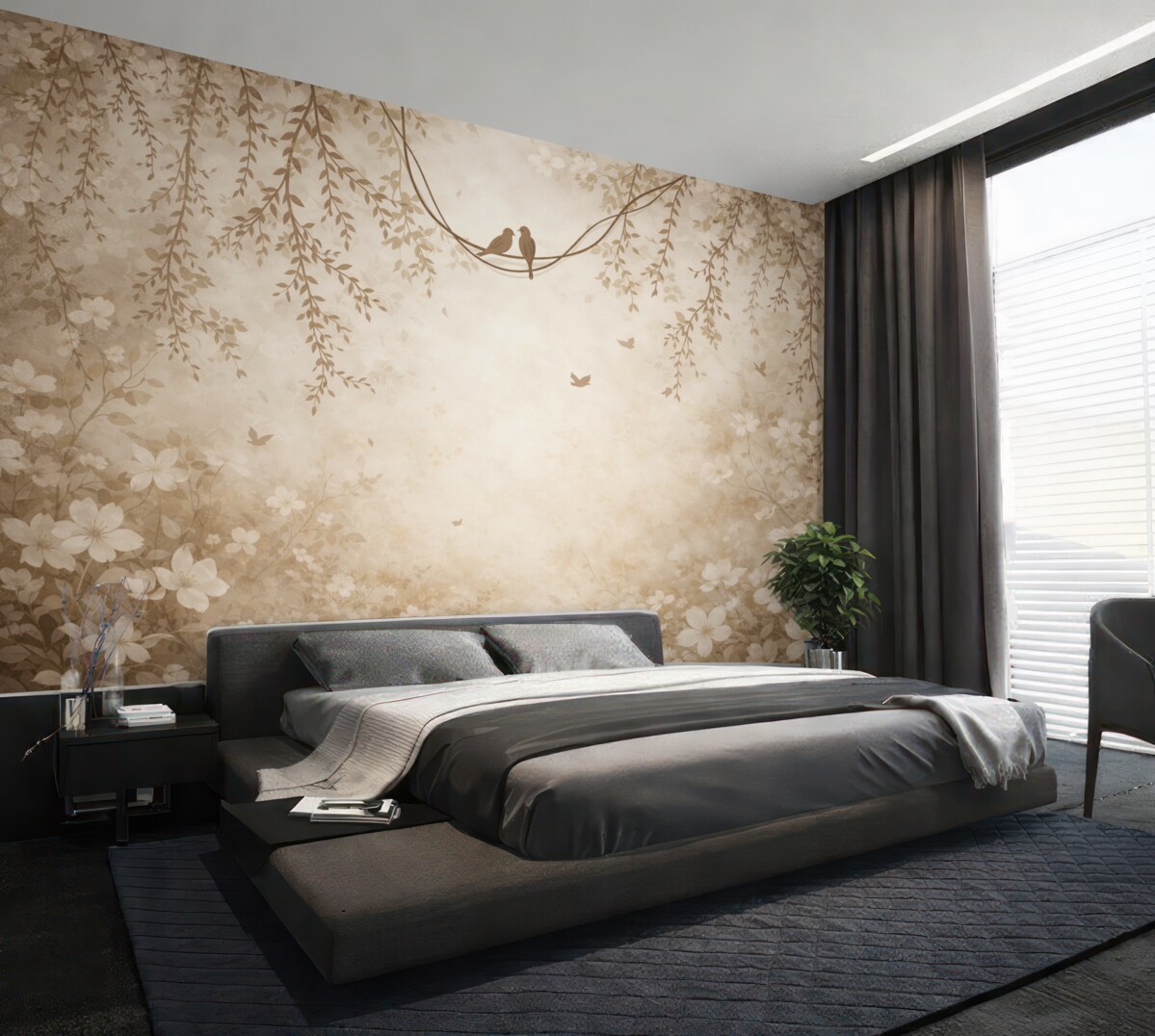 Fototapeta Ptaki z zwisającymi roślinami oraz kwiatowym motywem w jasno beżowo-kremowych tonacjach.