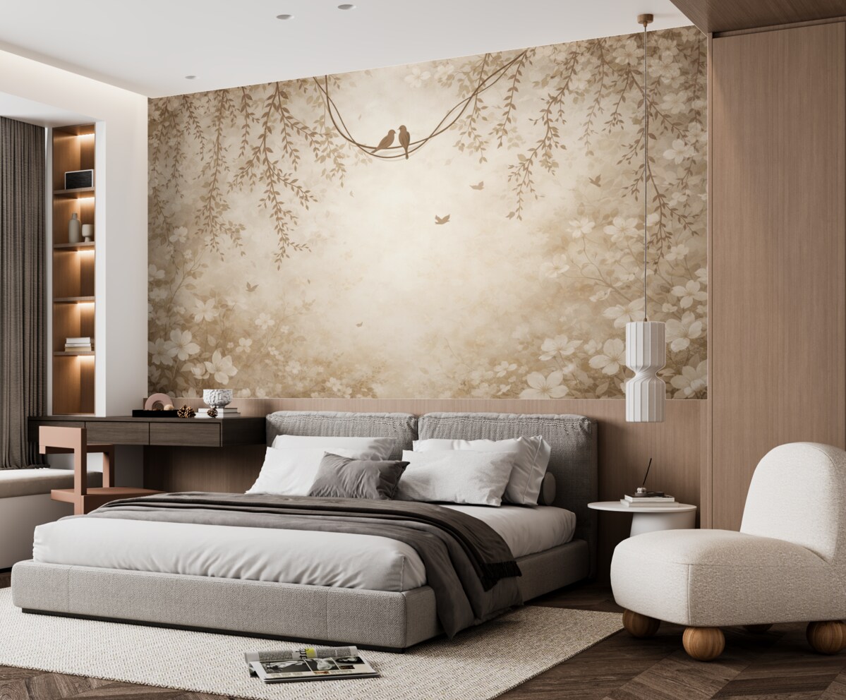 Fototapeta Ptaki z zwisającymi roślinami oraz kwiatowym motywem w jasno beżowo-kremowych tonacjach.