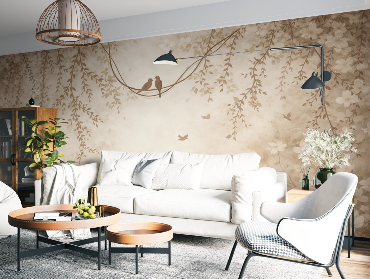 Fototapeta Ptaki z zwisającymi roślinami oraz kwiatowym motywem w jasno beżowo-kremowych tonacjach.