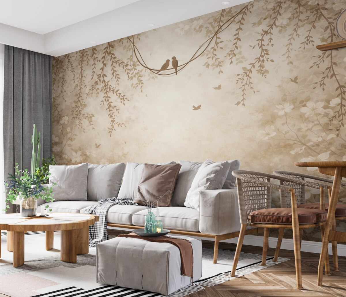 Fototapeta Ptaki z zwisającymi roślinami oraz kwiatowym motywem w jasno beżowo-kremowych tonacjach.