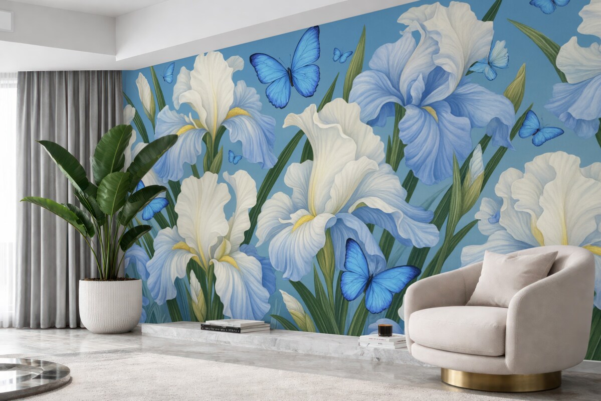 Fototapeta Białe irysy na błękitnym tle z błękitnymi motylami.