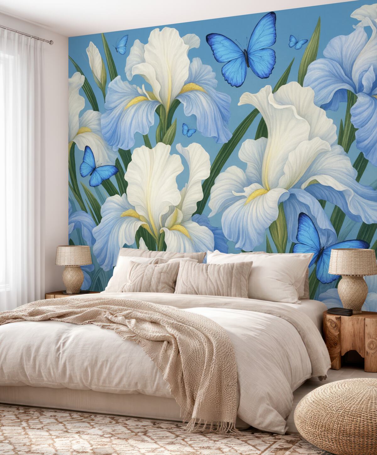 Fototapeta Białe irysy na błękitnym tle z błękitnymi motylami.