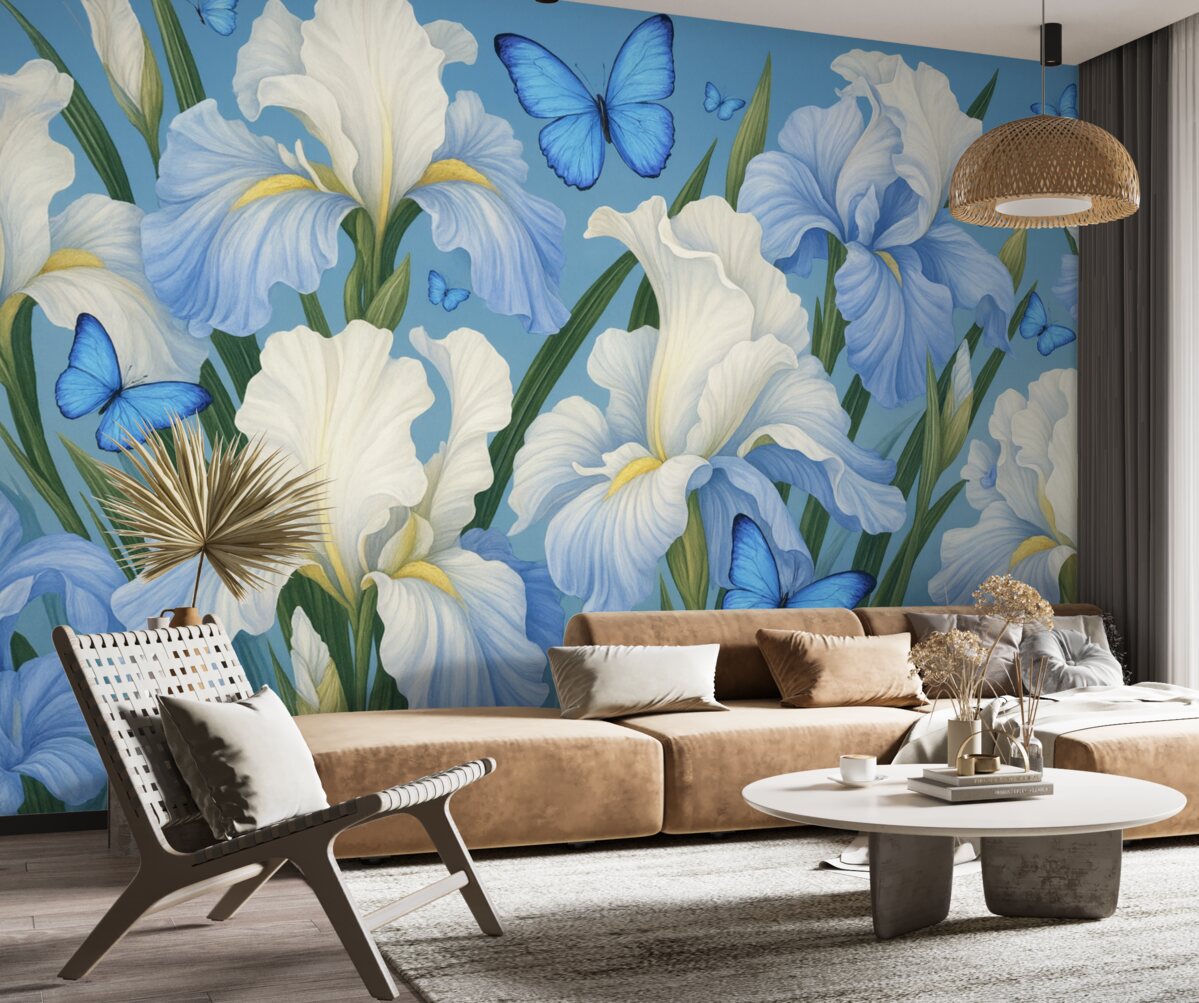 Fototapeta Białe irysy na błękitnym tle z błękitnymi motylami.