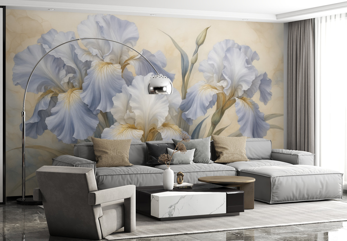 Fototapeta Jasnoskalne i niebieskie irysy w stylu akwareli.