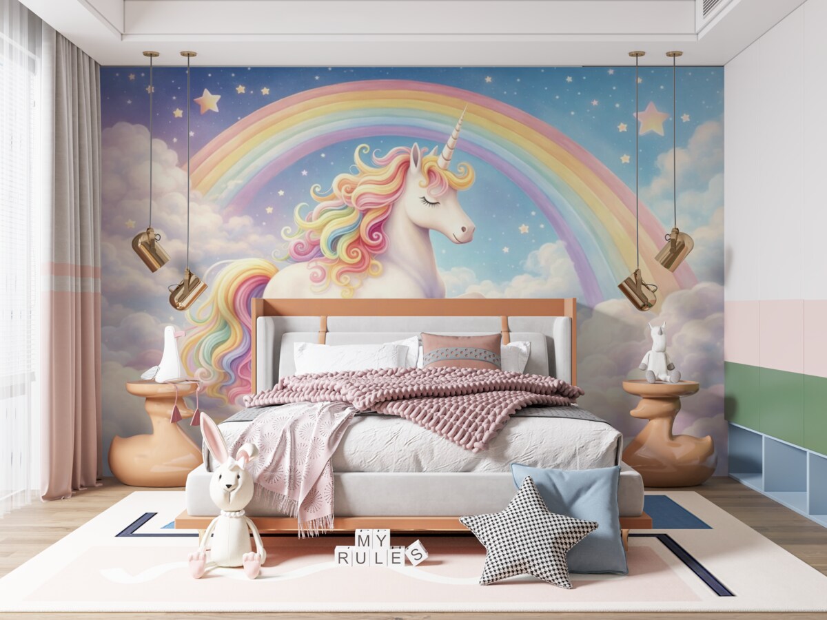 Fototapeta Jednorożec z tęczą, chmurkami i gwiaździstym niebem.