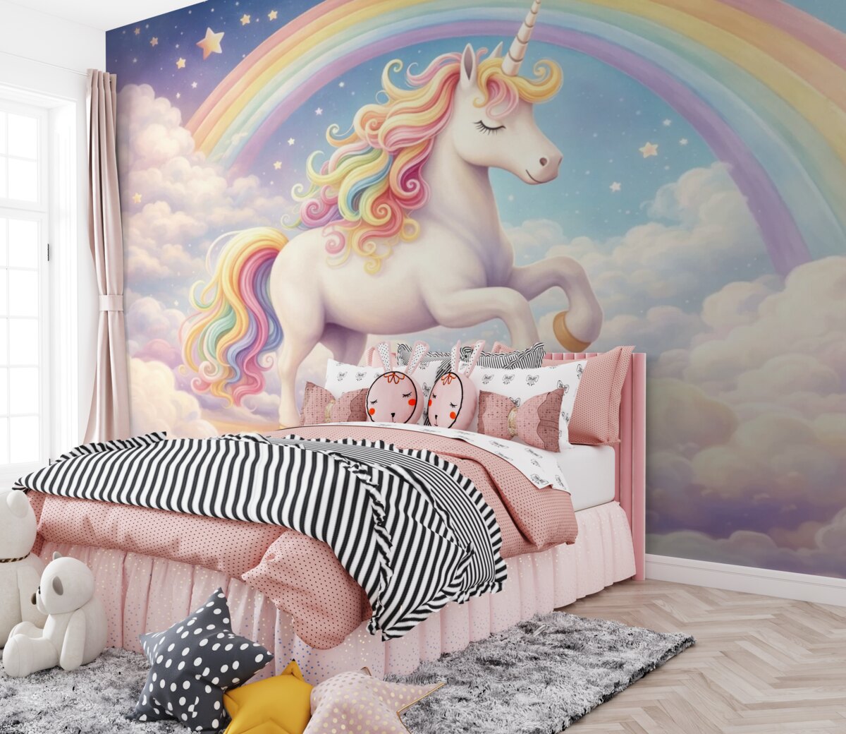 Fototapeta Jednorożec z tęczą, chmurkami i gwiaździstym niebem.