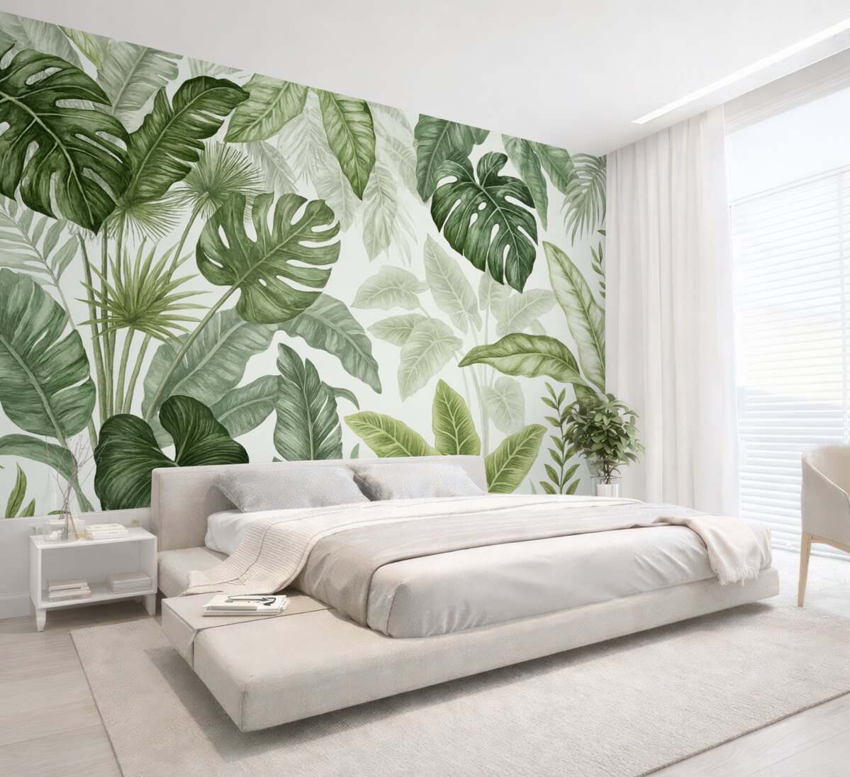 Fototapeta Przezroczyste tropikalne liście w różnych odcieniach zieleni na jasnym tle.