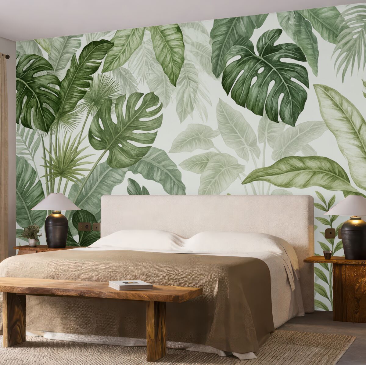 Fototapeta Przezroczyste tropikalne liście w różnych odcieniach zieleni na jasnym tle.