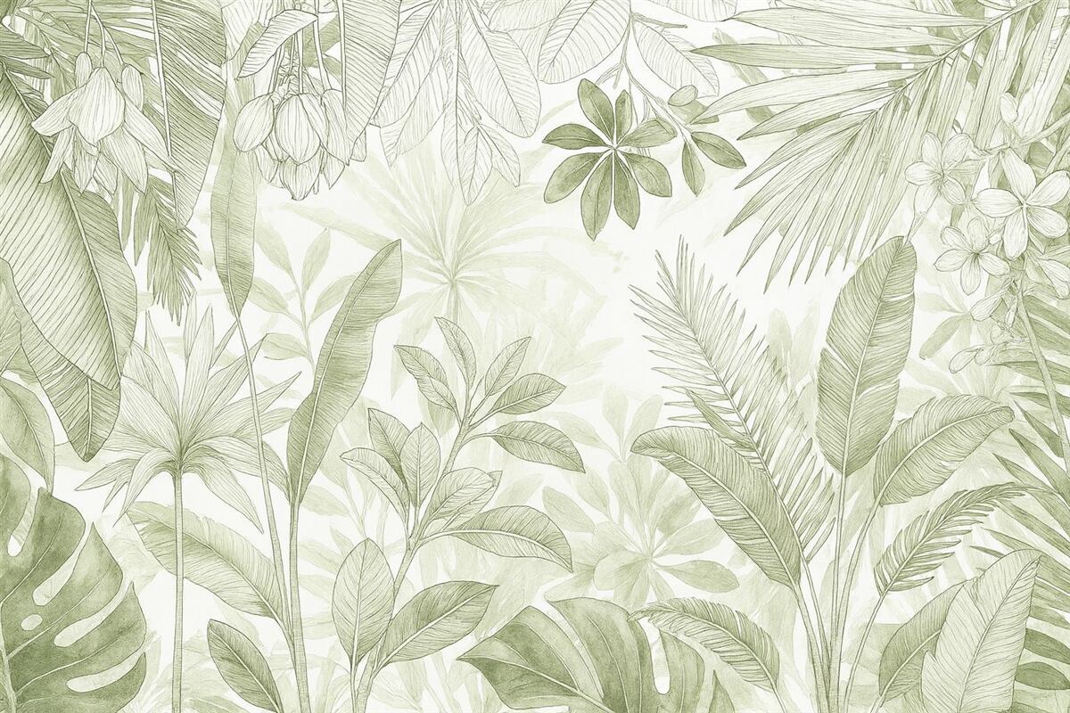 Fototapeta Zielona dżungla, tropikalne rośliny oraz liście na jasnym tle.