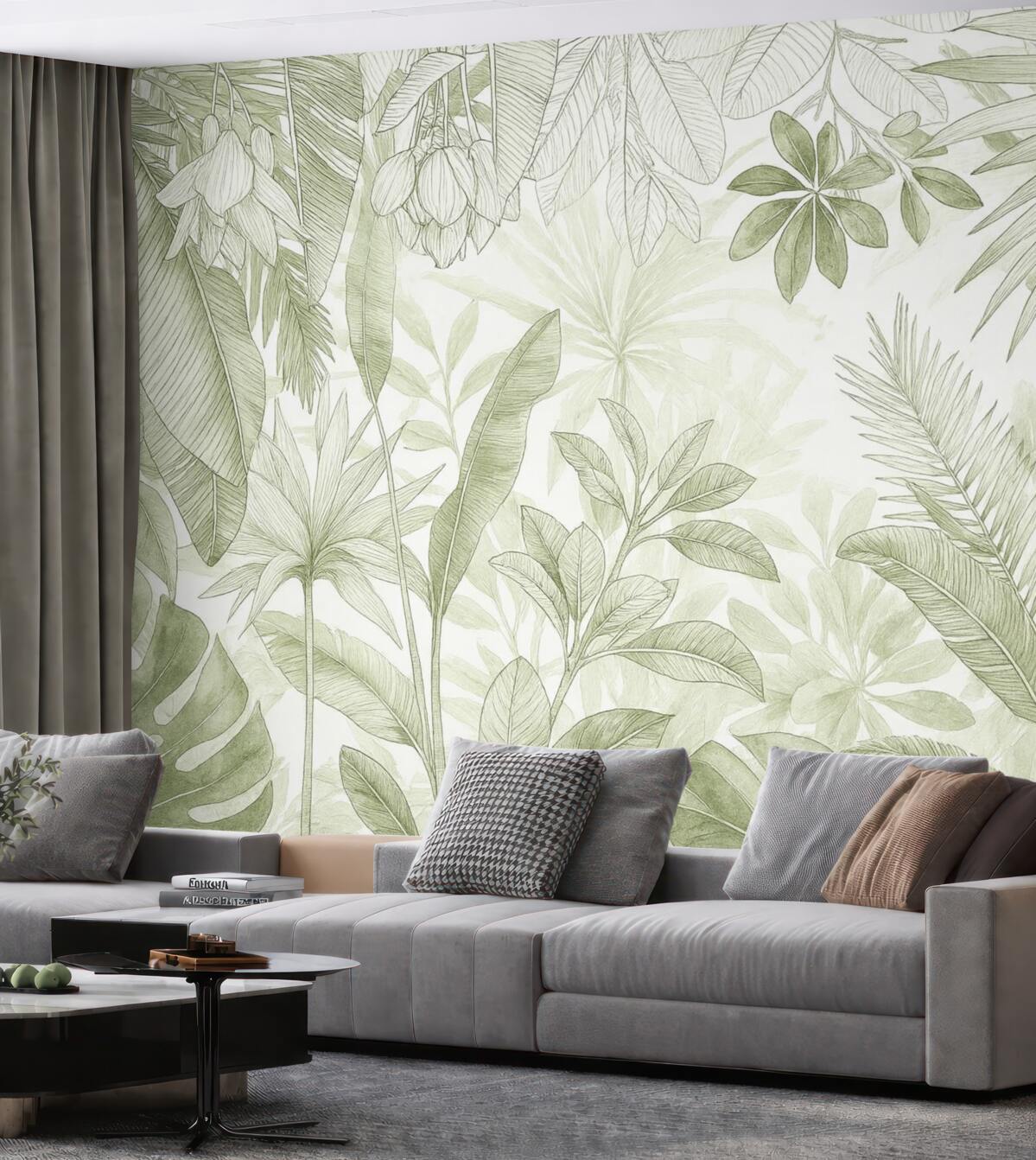 Fototapeta Zielona dżungla, tropikalne rośliny oraz liście na jasnym tle.