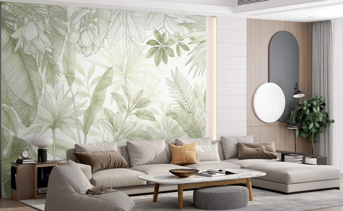 Fototapeta Zielona dżungla, tropikalne rośliny oraz liście na jasnym tle.