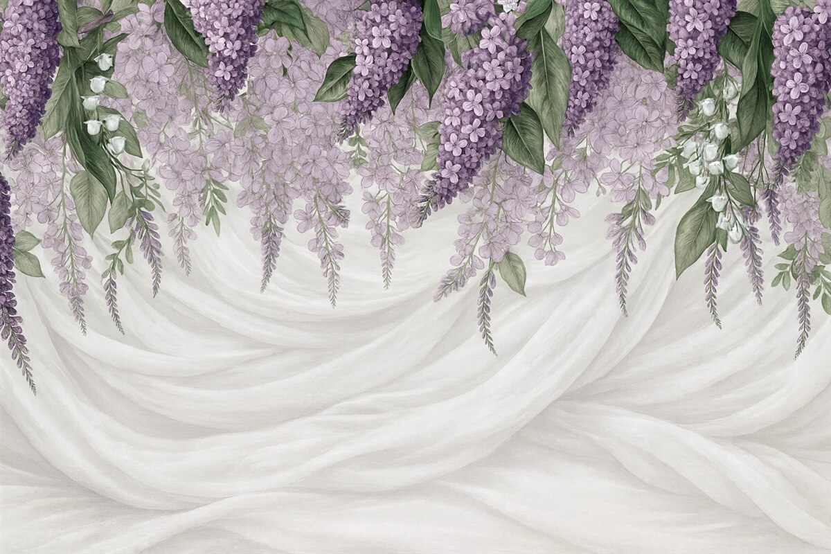 Fototapeta Pastelowe fioletowe kwiaty oraz zielone liście na białym tle z fakturą nawiązującą do jedwabiu.