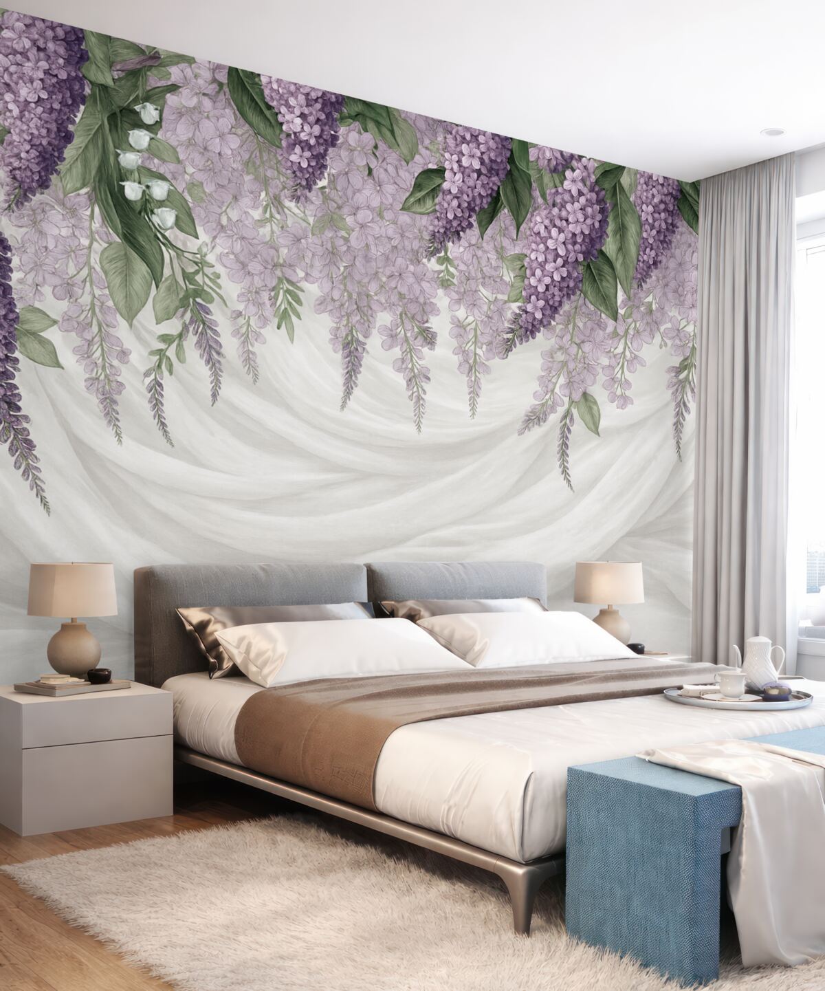 Fototapeta Pastelowe fioletowe kwiaty oraz zielone liście na białym tle z fakturą nawiązującą do jedwabiu.