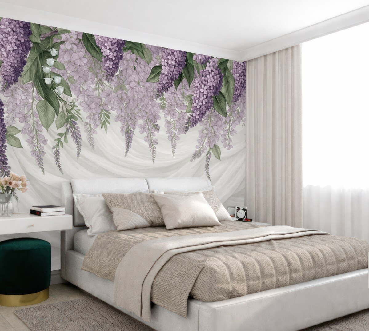 Fototapeta Pastelowe fioletowe kwiaty oraz zielone liście na białym tle z fakturą nawiązującą do jedwabiu.