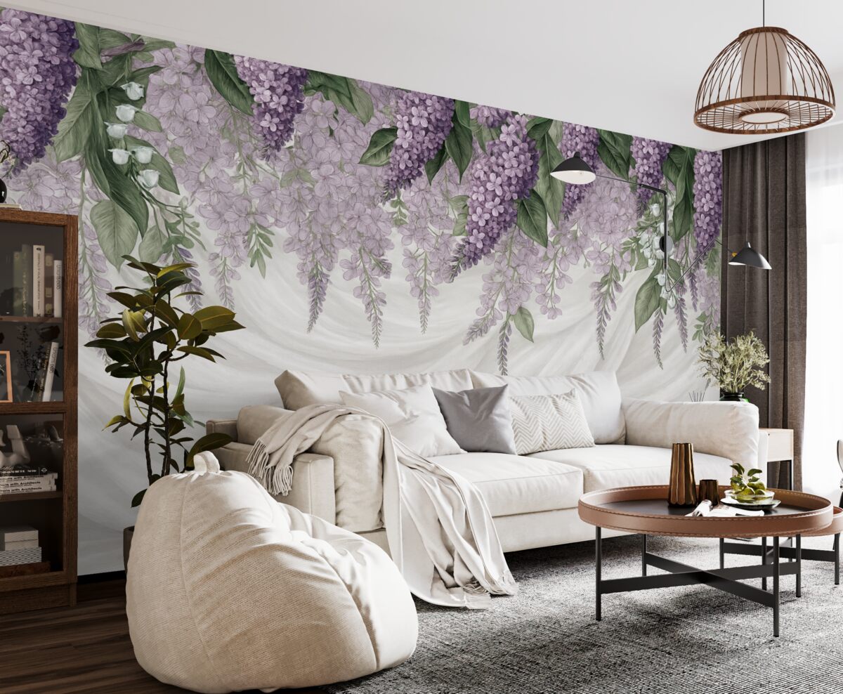 Fototapeta Pastelowe fioletowe kwiaty oraz zielone liście na białym tle z fakturą nawiązującą do jedwabiu.