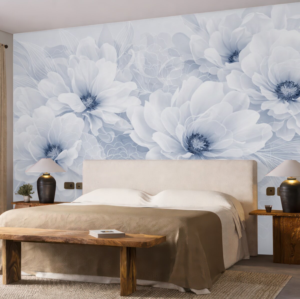 Fototapeta Pastelowe kwiaty piwonii z białymi i niebieskimi subtelnymi płatkami oraz białymi liniami na jasnoniebieskim tle.