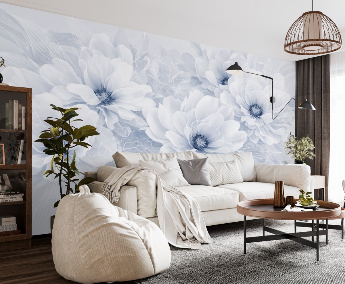 Fototapeta Pastelowe kwiaty piwonii z białymi i niebieskimi subtelnymi płatkami oraz białymi liniami na jasnoniebieskim tle.