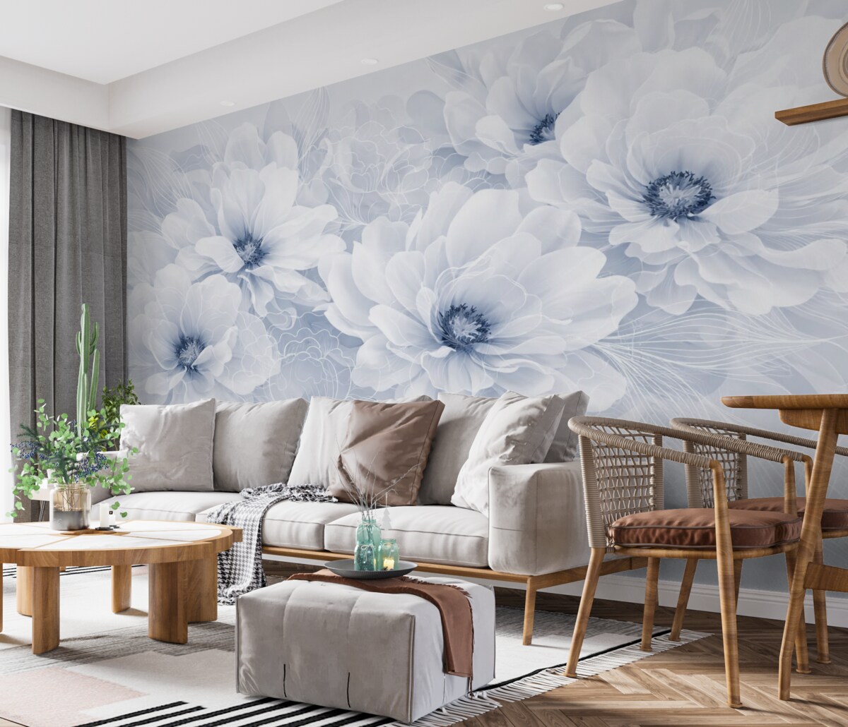 Fototapeta Pastelowe kwiaty piwonii z białymi i niebieskimi subtelnymi płatkami oraz białymi liniami na jasnoniebieskim tle.