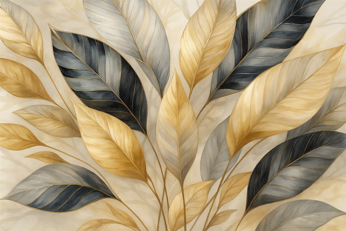 Fototapeta Żółte, szare oraz białe subtelne duże liście na białym abstrakcyjnym tle teksturalnym.