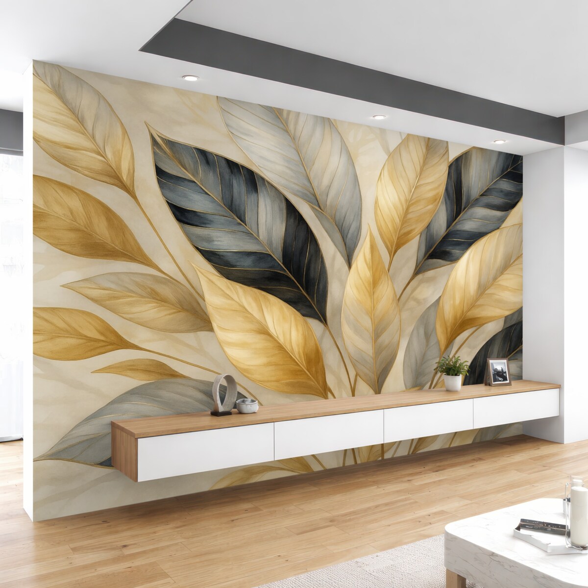 Fototapeta Żółte, szare oraz białe subtelne duże liście na białym abstrakcyjnym tle teksturalnym.