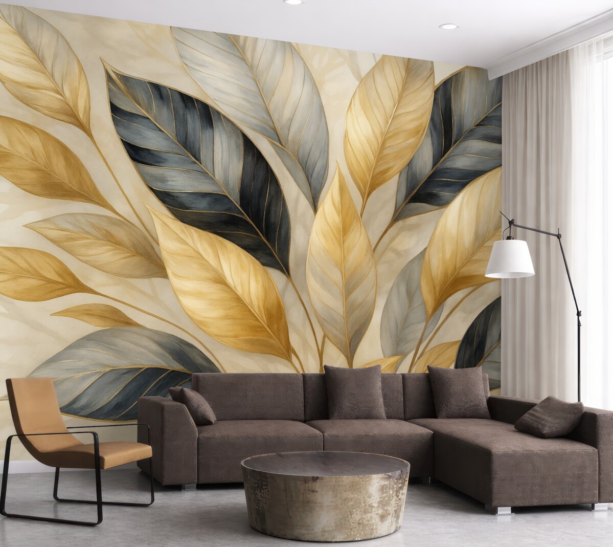 Fototapeta Żółte, szare oraz białe subtelne duże liście na białym abstrakcyjnym tle teksturalnym.